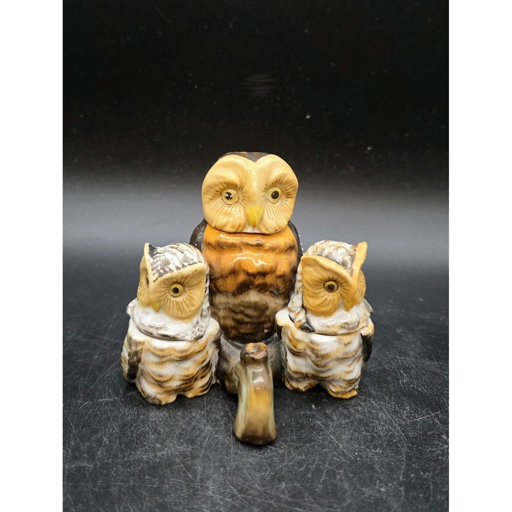 Antique Contra + Boehme Owl Condiment Set Salt Pepper Mustard Pot Germany
